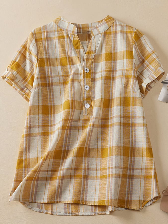 Cotton And Linen V-neck Plaid Loose Shirt