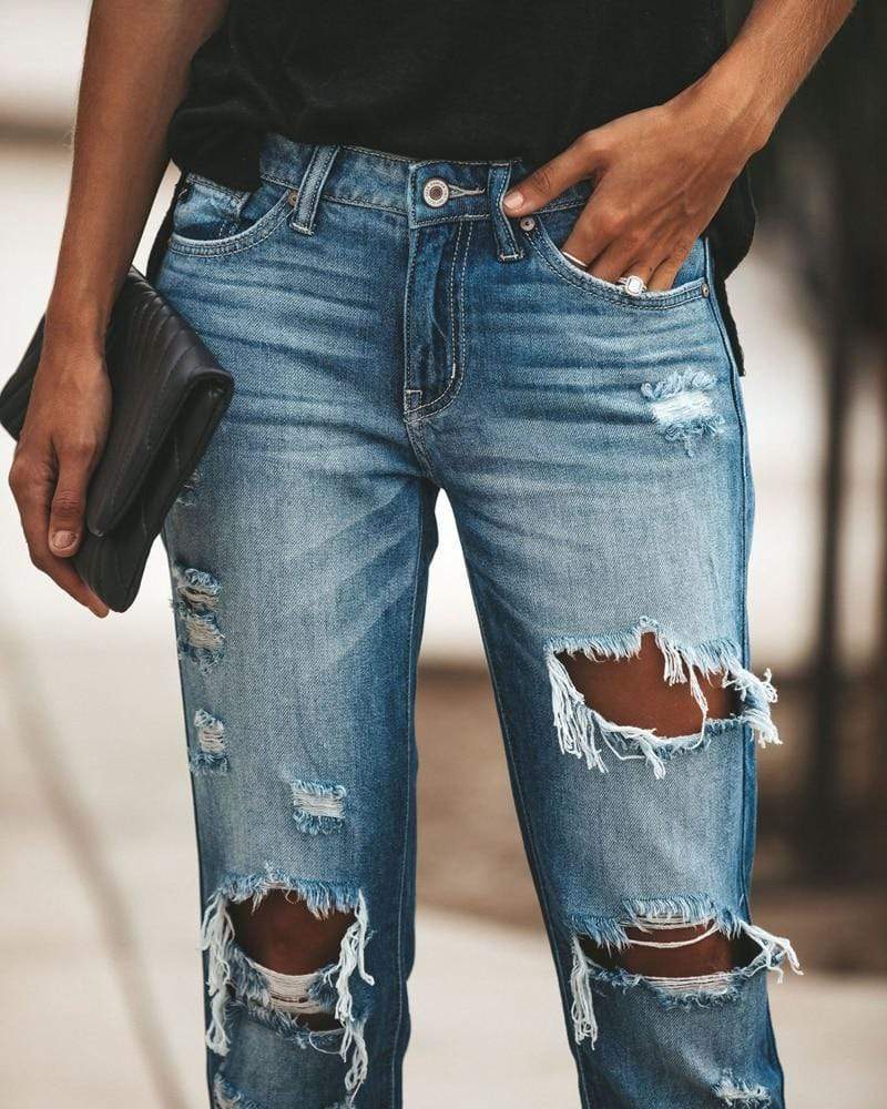 Bohemian casual mid-waist ripped jeans