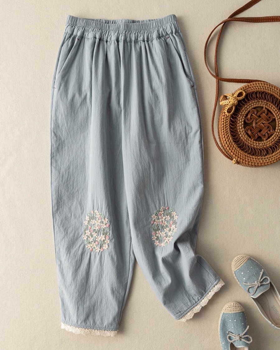 Linen Floral-embroidered Lace-paneled Track Pants