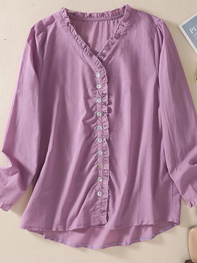 Cotton And Linen Side Of Fungus Long Sleeved V-neck Shirt